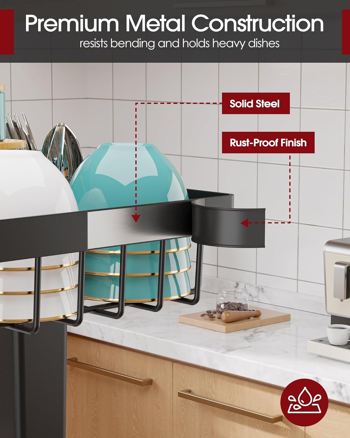 Over The Sink Dish Drying Rack - Adjustable 2 Tier Large Capacity Stainless Steel Drainer with Cutlery & Utensil Holders, Kitchen Storage & Organization, 30"-33.9" L x 11" W x 21.5" H, Black