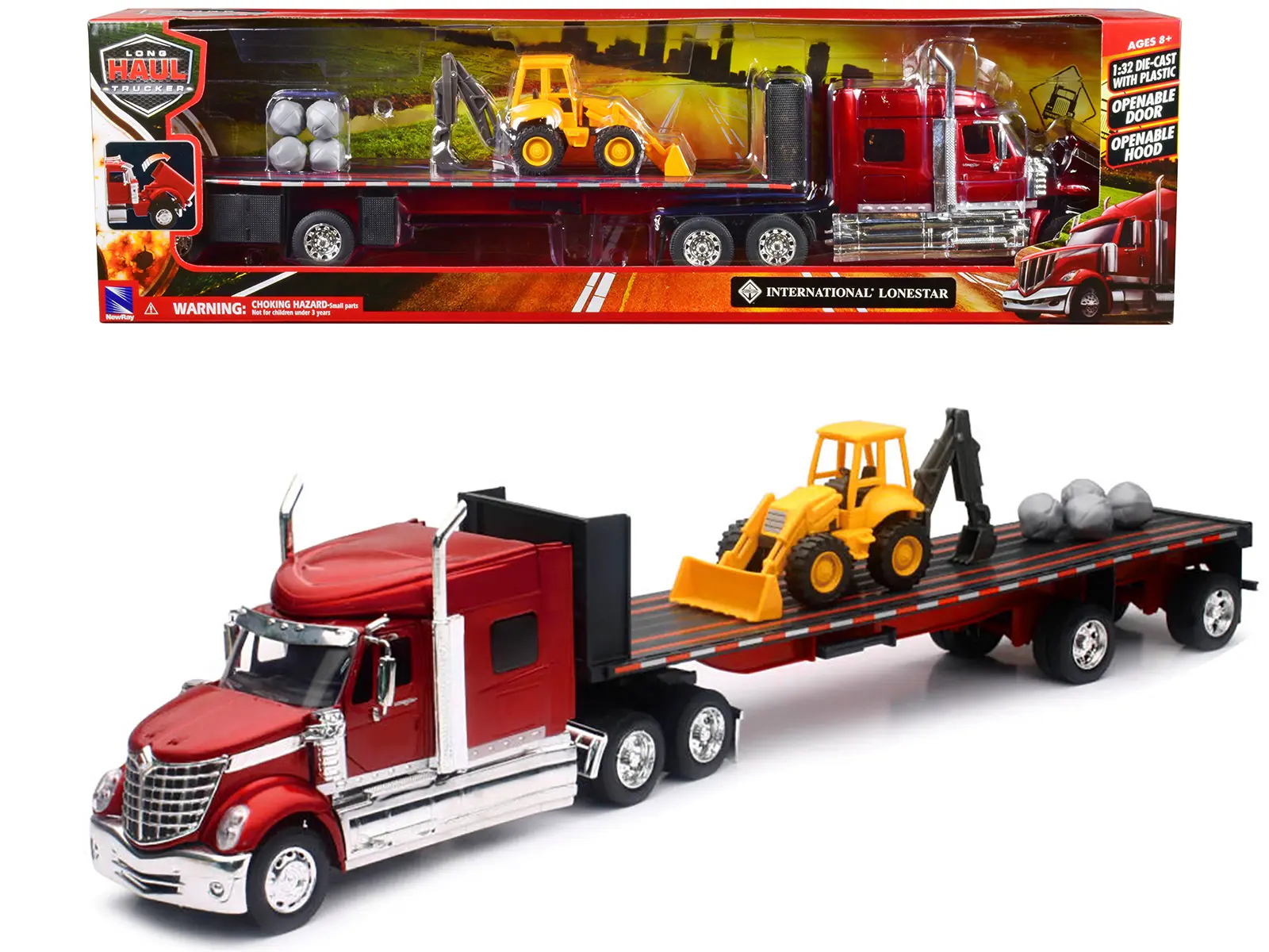 International Lonestar Truck with Flatbed Trailer Red Metallic with Front Loader and Rocks 1/32 Diecast Model by New Ray