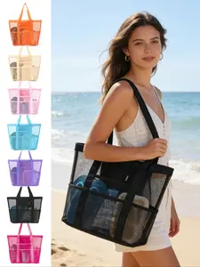 High-Value Open Beach Bag, Multifunctional Travel Shoulder Bag, Large Capacity, Durable Fashion Cosmetic Storage Bag, Casual Style, Mesh Tote Bag
