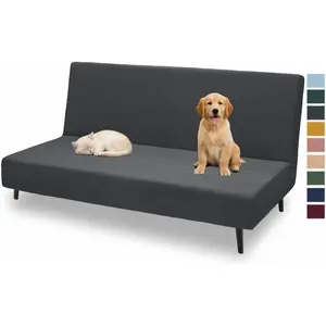 2026 New Futon Cover Full Size Stretch Armless Sofa Bed Cover Anti-Slip Furniture Protector Armrests Futon Slipcover with Elastic Bottom (67"-82", Dark Gray)