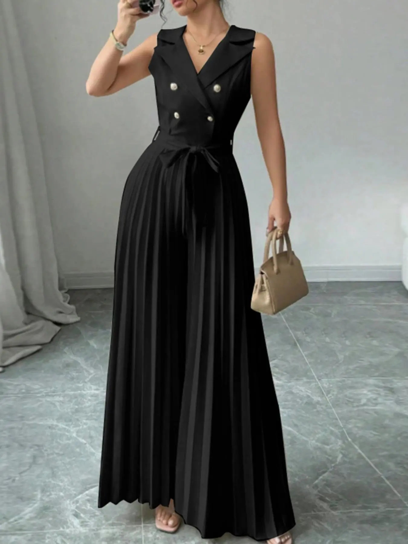 Women's Commuter Suit Collar Sleeveless Button Front Pleated Elegant Chic Minimalist Formal Fashionable Jumpsuit, Side Zipper, No Pockets, Includes Belt, All Seasons Fitted Style Womenswear