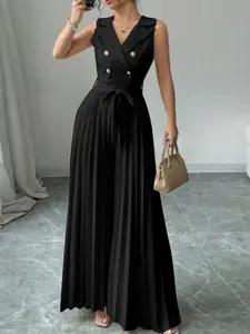 Women's Commuter Suit Collar Sleeveless Button Front Pleated Elegant Jumpsuit, Side Zipper, No Pockets, Includes Belt, All Seasons Fitted Style