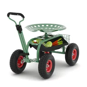 Heavy Duty Mobile Garden Cart with 360° Swivel Seat - 10-Inch All-Terrain Tires - Adjustable Handle - Removable Tool Tray - Perfect for Planting, Weeding, Yard Work, and Outdoor Projects
