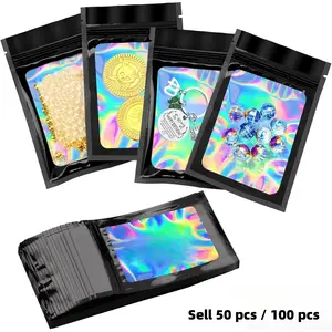 50 or 100 Black Polyester Film Holographic Bags Resealable Sealable — Small Ziplock Bags Sealing Storage Bags for Food Candy Jewelry Party Gifts Black