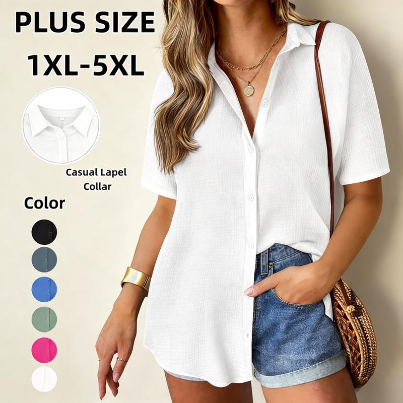 【Plus Size】Women's Plus Size Classic Button-Front Short-Sleeve Blouse - Lightweight Regular-Fit Solid Color Fall Basic Casual Top, Machine Washable, Cuffed Sleeves, XL-5XL (Tops for Women)