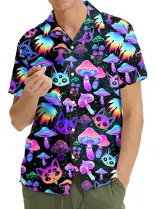 Tropical Floral Mushroom Print Cuban Collar Blouse, Hawaii Beach Short Sleeve Shirt, Summer Casual Button Front Top, Unisex Surfwear
