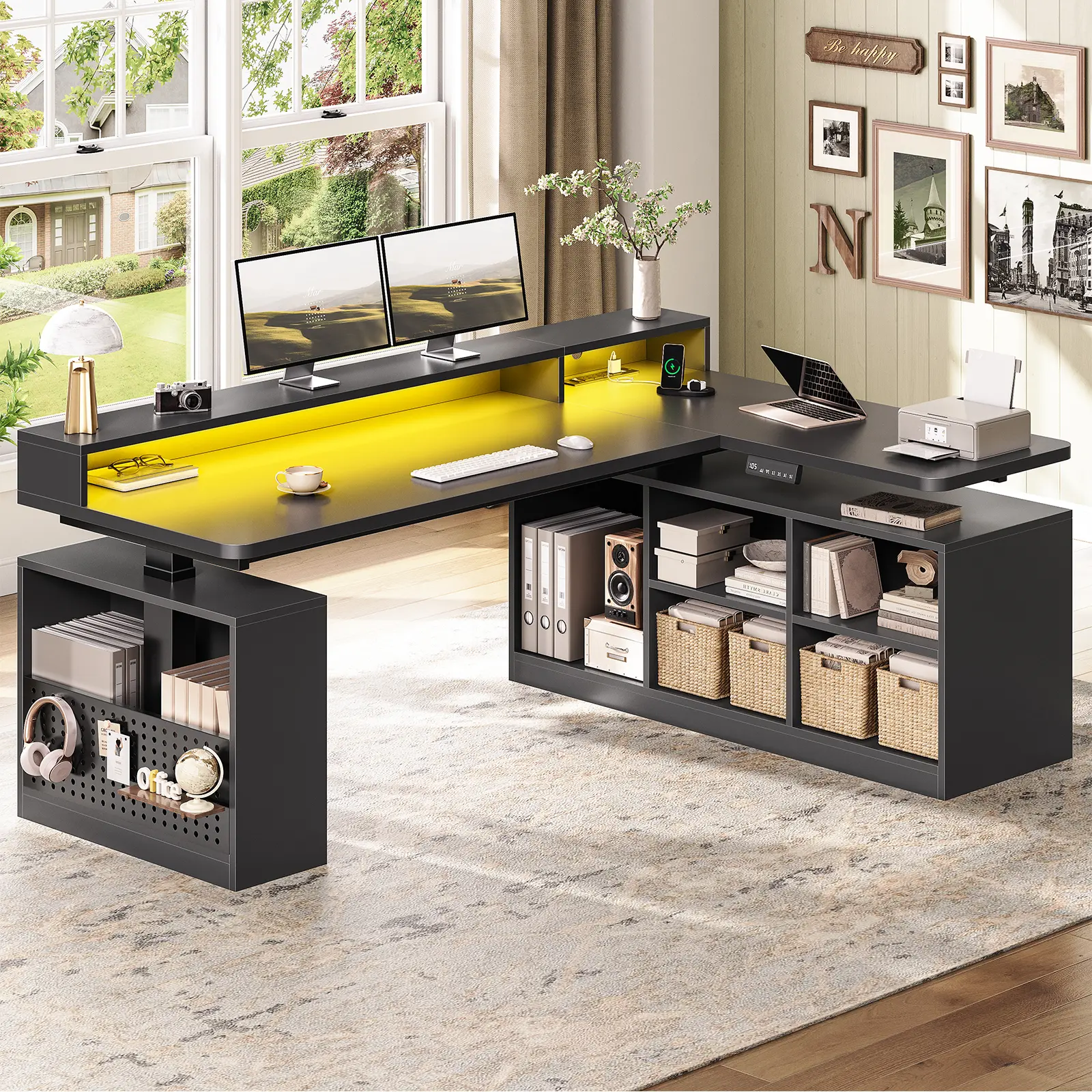 Sedeta 63x39.3in Modern L-Shaped Electric Height-Adjustable Wood-Metal Pegboard Top Standing Gaming Desk, Ergonomic Auto-Adjustment Workstation with Storage Shelves, Monitor Shelf, RGB Lighting, Built-In Power Outlets, Dual Monitor Setup Compatible, Wood Sedeta 63x39.3in Modern L-Shaped Electric Height-Adjustable Wood-Metal Pegboard Top Standing Gaming Desk, Ergonomic Auto-Adjustment Workstation with Storage Shelves, Monitor Shelf, RGB Lighting, Built-In Power Outlets, Dual Monitor Setup Compatible, Wood