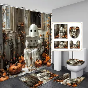Halloween Ghost Bath Curtain Set with Hooks, Waterproof Shower Curtain, Non-Slip Bathroom Rug, Toilet U-Shaped Pad, Home Decor Accessories