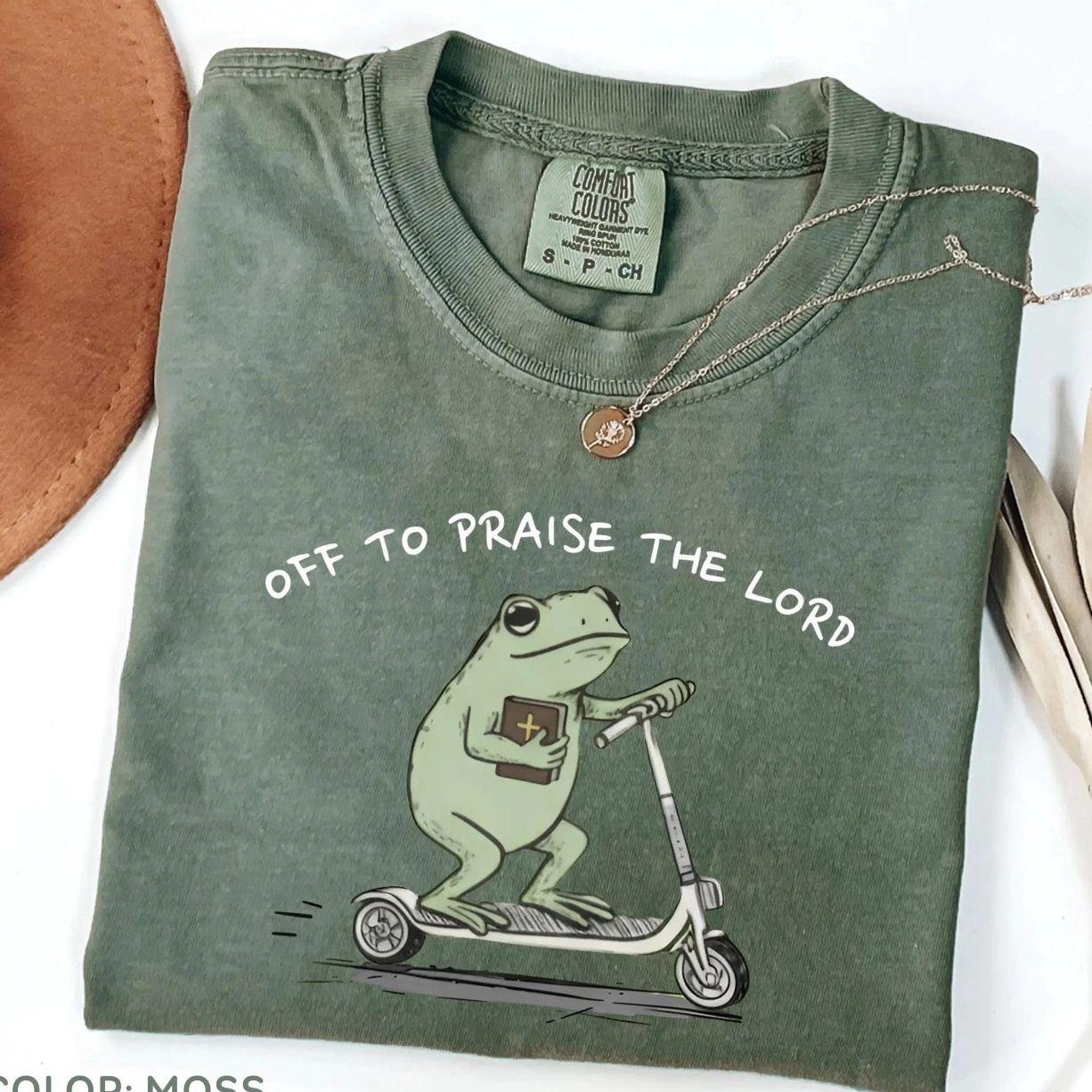 Comfort Colors Christian T-Shirt, Funny Frog Off To Praise The Lord Top, Bible Study Humor Shirt, Jesus Church Faith Tee, Comfort Colors Graphic Tee, Casual Outfit, Vintage Wash Shirt, Comfortable Menswear & Womenswear Top, May25