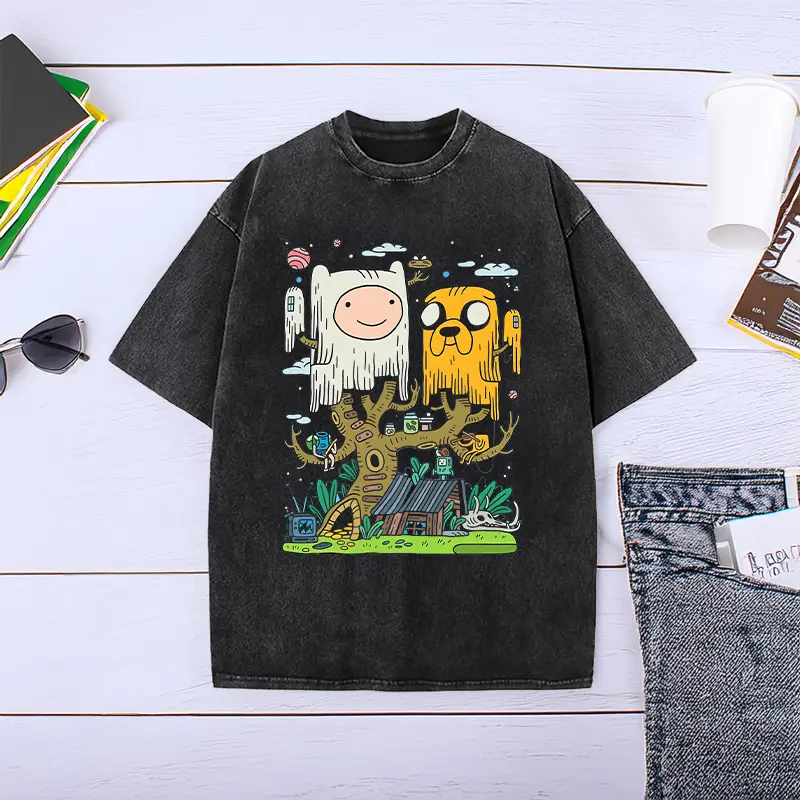 Men's Vintage Washed Casual Streetwear Classic Comfy Short-Sleeve Adventure Time Finn & Jake Graphic Tee