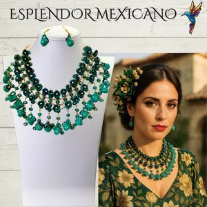 Mexican Artisanal Handmade Flower Necklace and Earrings Jewelry Set/Green Palm and Talavera Clay Jarritos/Latina Style/Handmade in Mexico