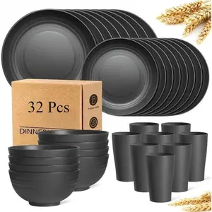 Wheat Straw Dinnerware Set 32-Piece Reusable Durable Shatterproof Black Plastic Plates Bowls Cups Cutlery Microwave Dishwasher Safe for Picnics Parties Camping Family Meals Tableware