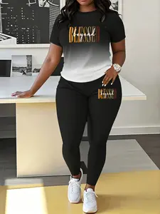 Women's Casual Letter Print Gradient Two-Piece Set, Round Neck Short Sleeve Top and Long Pants, Spring Summer Slim Fit Suit, Fitted Clothing Set