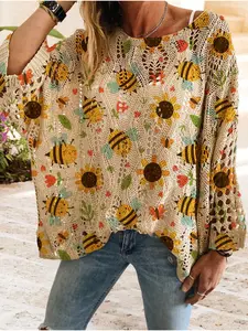 Women's Cartoon Floral Bee Animal Print Long Sleeve Knit Top, Casual Elegant Vacation Style Sweater, Loose Batwing Shoulders, Spring Summer Fall