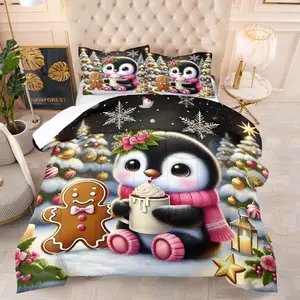 Christmas Cute Gingerbread Man Quilt/Comforter Set (2/3 Pcs) Includes 1 Quilt + 1/2 Pillowcases No Filler Hot Cocoa Snowflake Christmas Decor Patterns Family Bedroom Homestay Apartment Room Study for Kids Couples Family Friends Students Young People