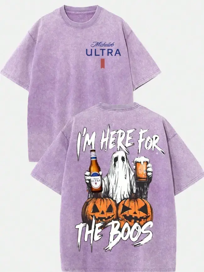 Vintage Washed Michelob Ultra Ghost "I'm Here For The Boos" Double-Sided Graphic Tee | 230gsm Heavyweight Streetwear, Unisex Loose Crew Neck Cotton Halloween Casual Top for Men & Women,funny graphic tee,good graphic tees,vintage shirts,outdoor casual men