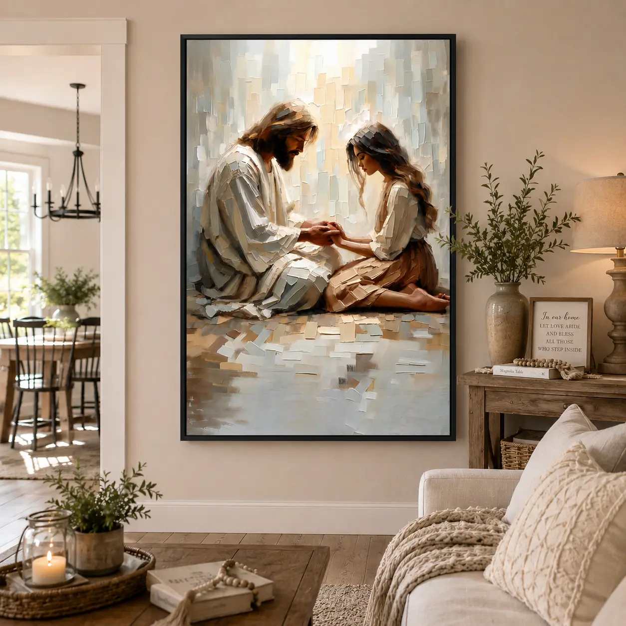 Jesus Wall Art Canvas Poster, Christian Religious Painting, Woman Praying with Jesus Artwork, Faith Home Decor for Living Room Bedroom