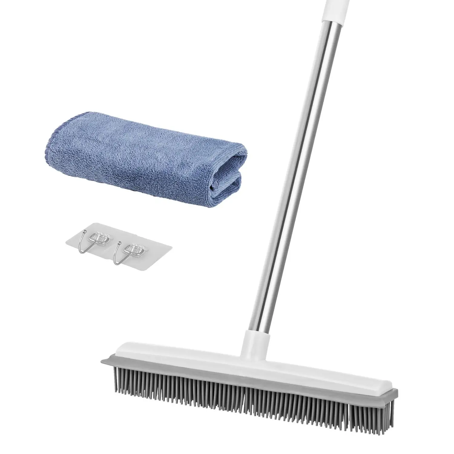 VEVOR Pet Hair Removal Broom, 58.46 in Adjustable Long Handle Carpet Rake, Rubber Broom with Built in Squeegee Reusable Dog Cat Hair Remover, for Carp