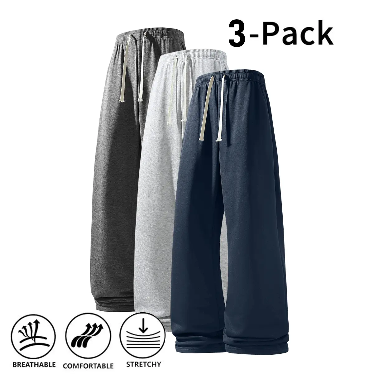 Men's Loungewear 3-Pack, Casual Plain Polyester Jogger Pants with Pockets and Drawstring, Long Length Loose Fit for All Seasons, No, Casual Athletic Joggers, For Home Wear