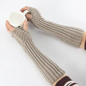 Winter Warm Gloves - Long Fingerless Gloves with Cable Knit Pattern, Brown - Unisex Cold-Proof Gloves - Machine Washable, Suitable for Skiing, Hiking, Typing, Handcrafting - Autumn Winter Gloves, Handmade Gloves