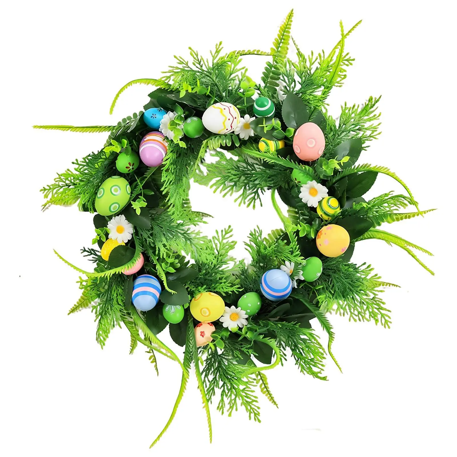 GARVEE 18 Inch Easter Wreath for Front Door, Artificial Egg Wreath with Flowers and Green Leaves, Spring Floral Wreath for Indoor Outdoor Home Decor