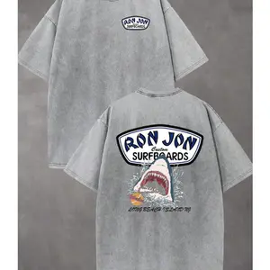 Creative And Versatile  Shark Surfing Pattern, Men's Summer Round Neck Short Sleeves, Men's And Women's T-Shirts, Wash Cotton High-Quality Cotton Double-Sided Printed T-Shirts, Suitable For Street Retro And Outdoor Sports And Leisure, Beach, Travel,