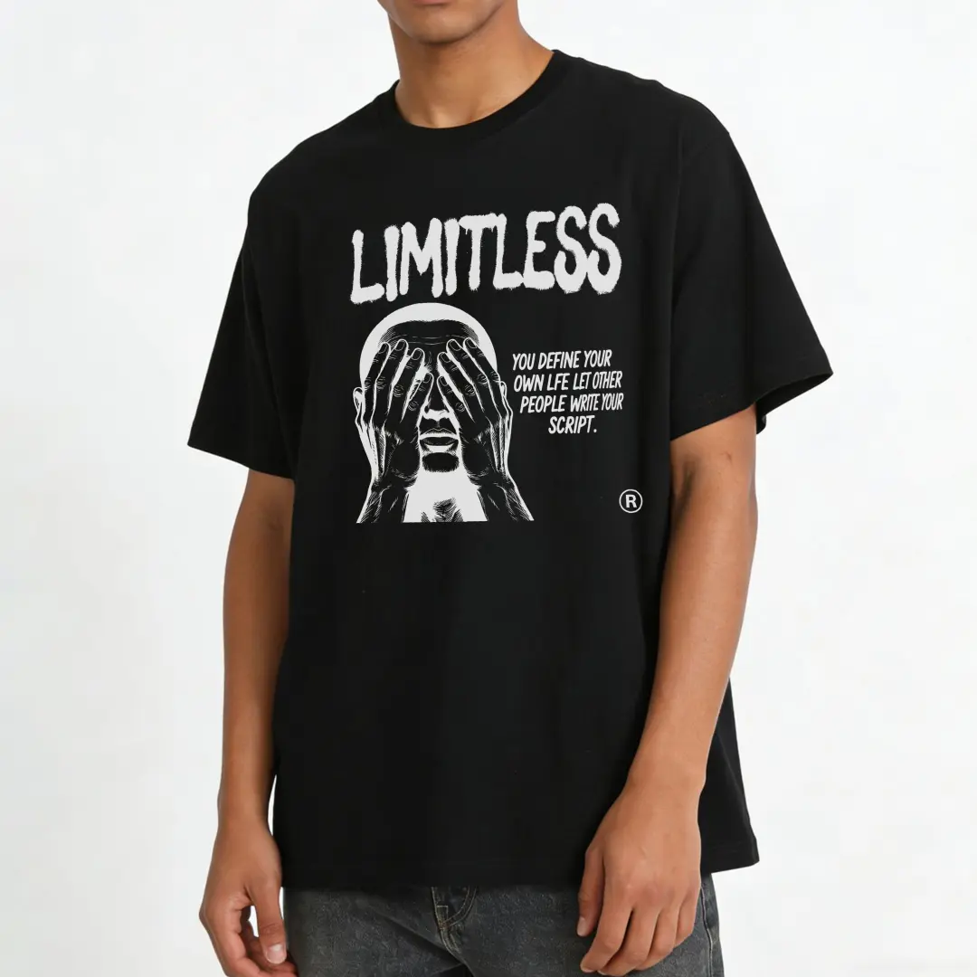 Casual Streetwear Style, 100% Cotton Unisex Tee, Limitless Quote And Hands Covering Face Graphic Print Design, Summer Spring Autumn Daily Wear Casual Outing, Gift For Men Women Teenagers Friends Who Love Motivational Fashion