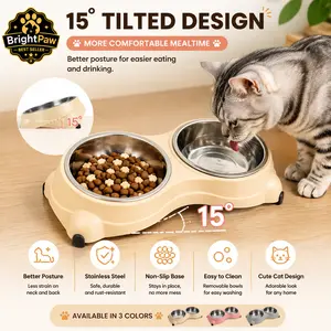 BrightPaw Ergonomic 15° Tilt Cat Bowls, Elevated Stainless Steel Double Pet Food Water Bowls with Non-Slip Base, Detachable Food Grade Feeder for Cats & Small Dogs, Anti-Vomiting, Easy to Clean, Elevated Slow Feeder, Drinking Water Bowl