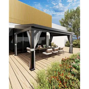 Garvee 10 ft x14 ft Wall-Mounted Hardtop Gazebo with Curtains & Net | Lean-to Pergola with Galvanized Steel Roof | Outdoor Patio Shelter for Deck, Backyard, Porch