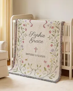 Baptism Baby Blanket Girl Christening Blanket for Goddaughter Woven Baby Blanket with Cross Baptism Floral Baby Gift