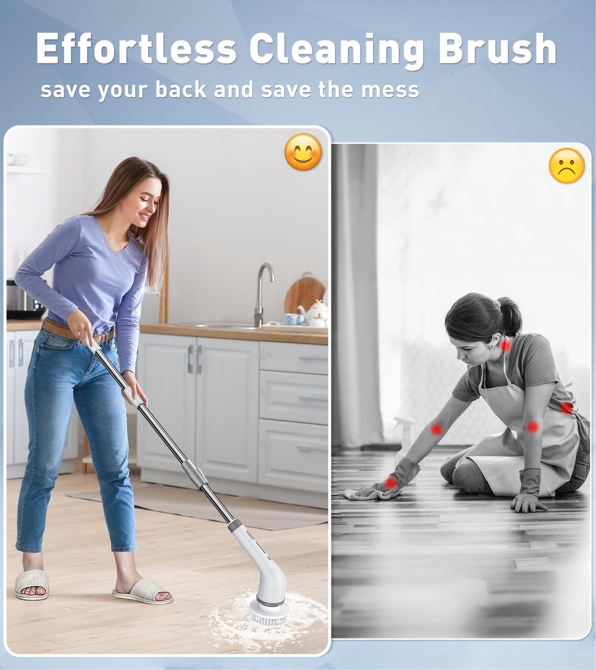 （Limited Time ) Upgraded Cordless Electric Spin Scrubber Bathroom Cleaning Set with 8 Replaceable Brush Heads, 3-Level Adjustable Extension Handle, Dual Speed and IPX7 Waterproof, Ideal for Bathroom, Kitchen, Toilet, Window, Pool and Car Cleaning