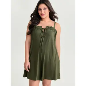 BLOOMCHIC Plus Size Supersoft Stretchy Spandex Romper - Ruffled Drawstring Neckline, Sleeves, Pockets - [M-6X]2026 Summer Vibes