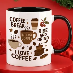 1 Fun Coffee Lover Mug with "COFFEE BREAK BUT FIRST I LOVE COFFEE" Quote - 11oz Coffee Mug with Handle and Coffee Bean/ Grind Design, Ideal for Coffee Lovers for Office and Family Gifts, Birthday or Christmas Gifts, Drinking Utensils for Daily Use