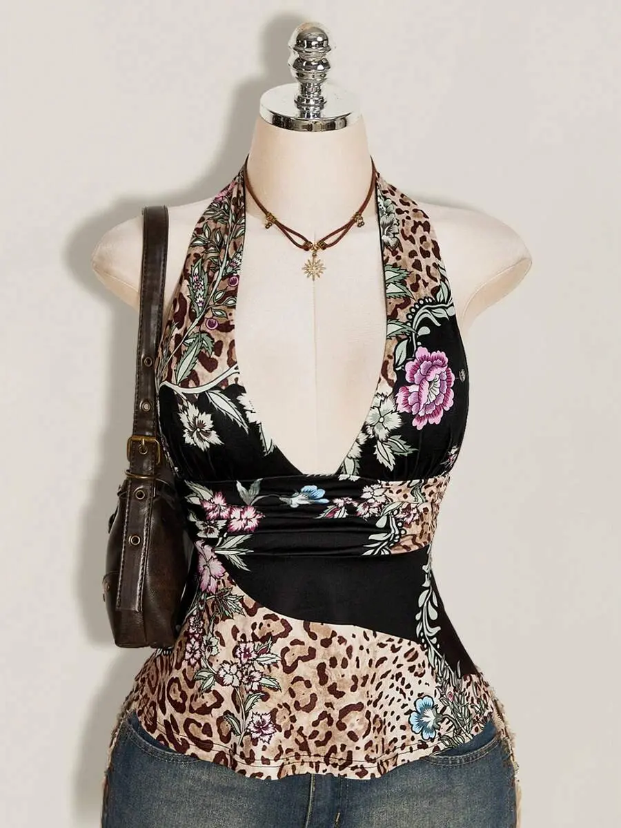 ICON Women's Chinese Style Colorblock Leopard Print Floral Backless Halter Top