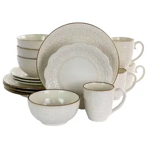 212 MAIN 16-Piece Contessa Embossed Scalloped Edge Stoneware Dinnerware Set, Ivory Gloss Finish Tableware for Everyday Use