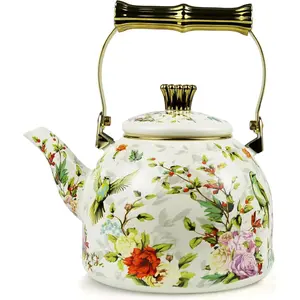 Vintage Enamel Tea Kettle, Birds Floral Pattern Stovetop Teapot with Gold Handle, 2.5L Enamel Kettle Kitchen Decor, Ideal Gift for Housewarming Camping Coffee Pot