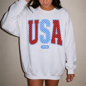 USA Checkered Sweatshirt 1776 Vintage Crewneck | Oversized 4th of July Pullover | Patriotic Americana Sweater | Red White Blue Memorial Day Top | Size Up 2 for Extra Oversized Fit