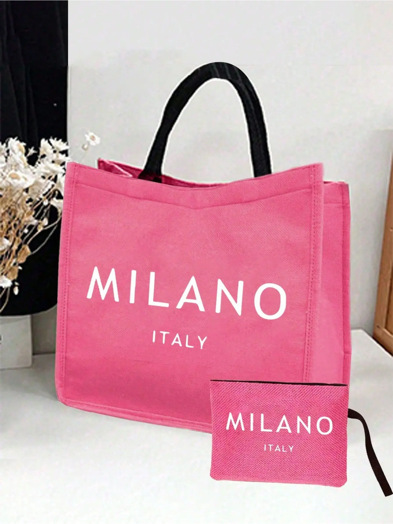 Linen tote bag and pouch set, including tote bags with the words "Milan Italy", letter patterns, and printed bags, personalized gift wrapping, linen tote bag and mesh bag two-piece set, storage bag, laundry bag, suitable for ladies' cosmetics storage,