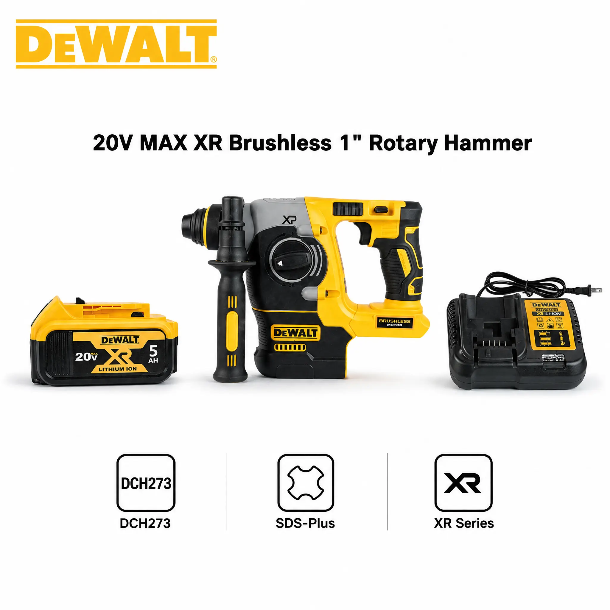 DEWALT 18V XR/20V MAX Rotary Hammer (DCH273) - SDS-Plus Chuck, 2-Mode Operation, 2.1J Impact Energy, Vibration Dampening, Anti-Twist Safety, LED Work Light, Adjustable Side Handle for Concrete, Brick Drilling & Chiseling