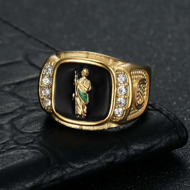 Men's Elegant Rhinestone-Inlay Copper Ring with Metal Coating - Gold Ring Alternative, Diamond-Style Religious Faith Statement Costume Jewelry, Party Anniversary Gift All-Match Accessory