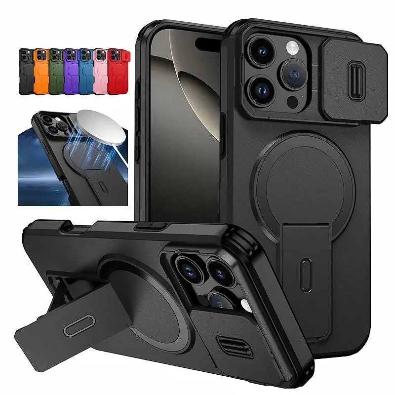 For Magsafe Magnetic Wireless Charging Case For iPhone 16 15 14 13 12 11 Pro Max Plus 16e Armor Stand Slide Lens Protector Cover