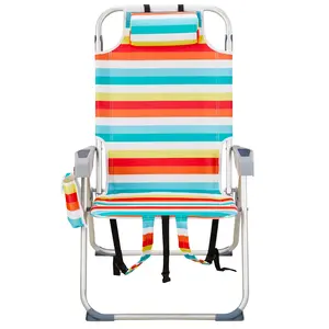 Foldable Aluminum Patio Chair with Headrest & Storage Pouch, Lightweight Collapsible Frame, 220 lbs/100 kg Capacity, Adjustable Portable Compact Chair for Camping, Beach (Colorful Stripes), Foldable Chairs, Adjustable Portable Chairs