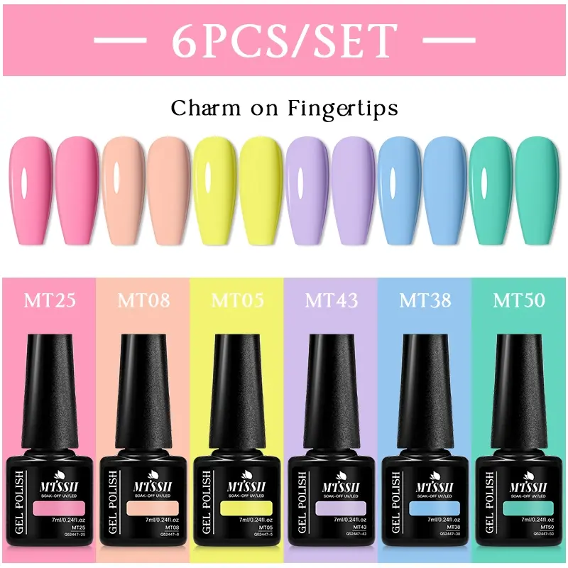 MTSSII 6pcs Macaron Gel Nail Art Polish Set, Pastel Gel, Dreamcolor Candy Gel Polish, Long-Lasting UV/LED Soak Off Formula, Perfect for DIY and Salon Use, Gel Manicure, Summer Nails