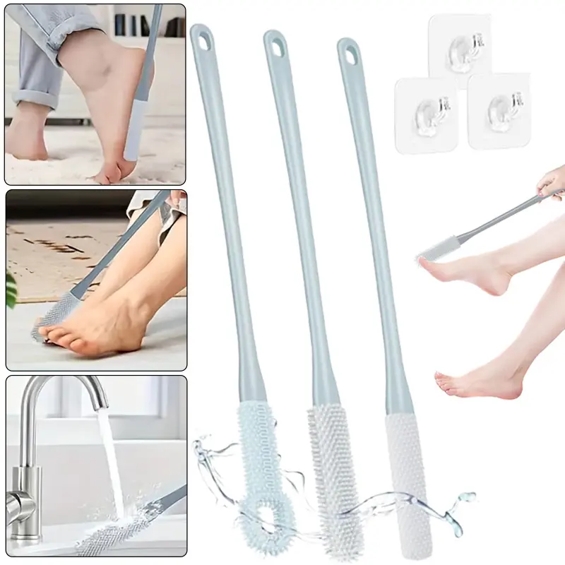 3pcs Set Silicone Foot Scrub Brushes with 15.7in Long Handles - Between-Toes Gap Cleaners, Anti-Itch Exfoliating Nail Care Tools for Adults