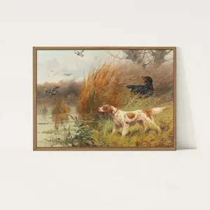 Duck Hunting Bird Dogs Vintage Oil Painting Pointer Dog Landscape Hunter Art Decor Poster Print Retro Border Frames