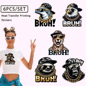 2D digital printing technology 6Pcs/Set BRUH Animal Heat Transfer Stickers Cool Hip Hop Style Dolphin Eagle Cheetah Sloth Gorilla Tiger Printed Iron On Patches for DIY T-shirts Hoodies Jeans Jackets
