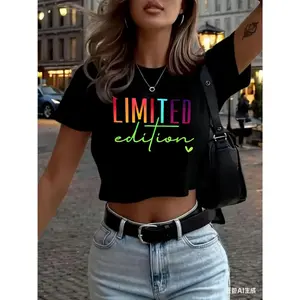 Limited Edition Rainbow Graphic Crop Tee Womens Short Sleeve Crewneck Y2K Streetwear Soft Stretch Casual Summer Going Out Top For Jeans