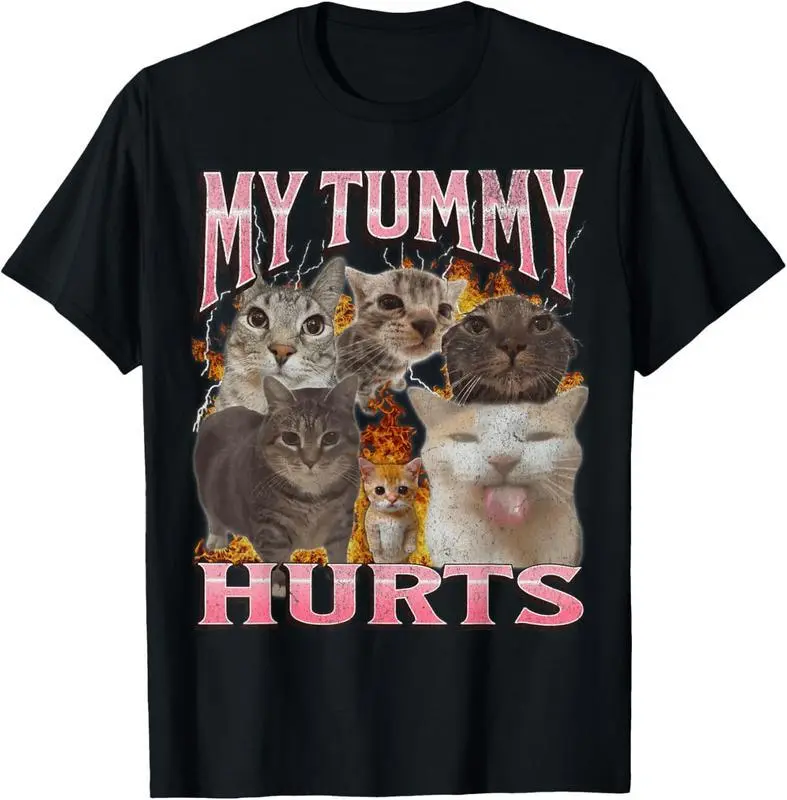 100% Cotton My Tummy Hurts Funny Cat Meme T-Shirt, Bootleg Graphic Tee for Men and Women, Unisex Crewneck Short Sleeve, Soft Casual Cotton Streetwear Fabric, Viral Internet Humor Shirt, Cute Kitty Graphic Design, Everyday Wear Gift