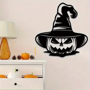 Halloween Witch Face Metal Wall Decor, Iron Pumpkin Lantern with Ghost & Broom Design, Spooky Indoor Decoration for Living Room & Bedroom