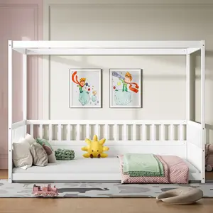 Full Size Canopy Bed Frame with Guardrails ,Floor Bed Full with Four Poster Design, Montessori Floor Bed,Wood Canopy Bed Frame (Full,White)